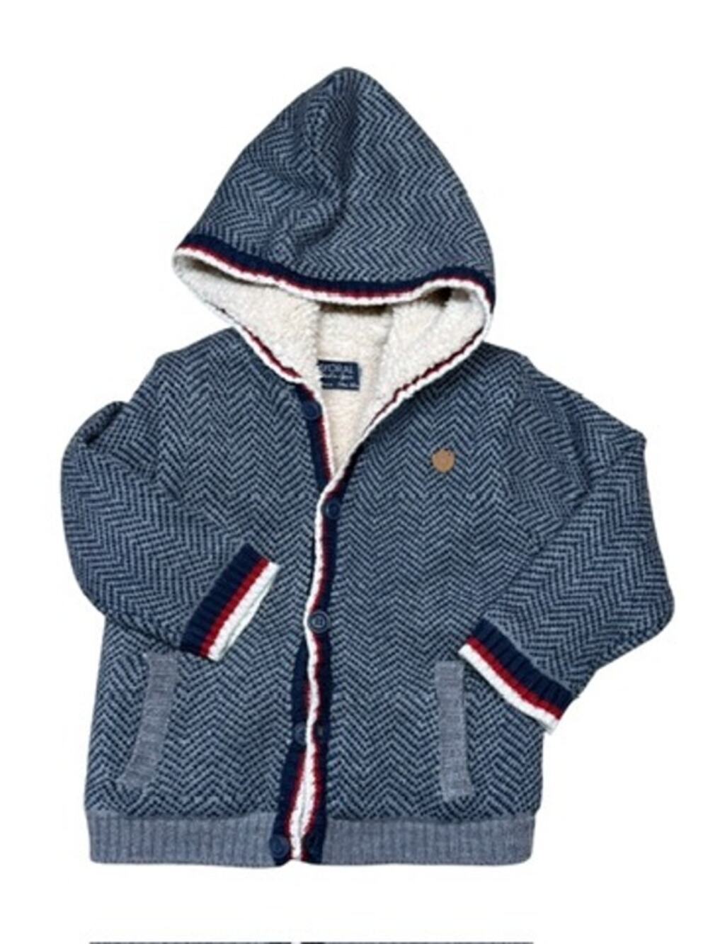 Mayoral Blue Herringbone Knit Hooded Sherpa Lined Cardigan 24 months